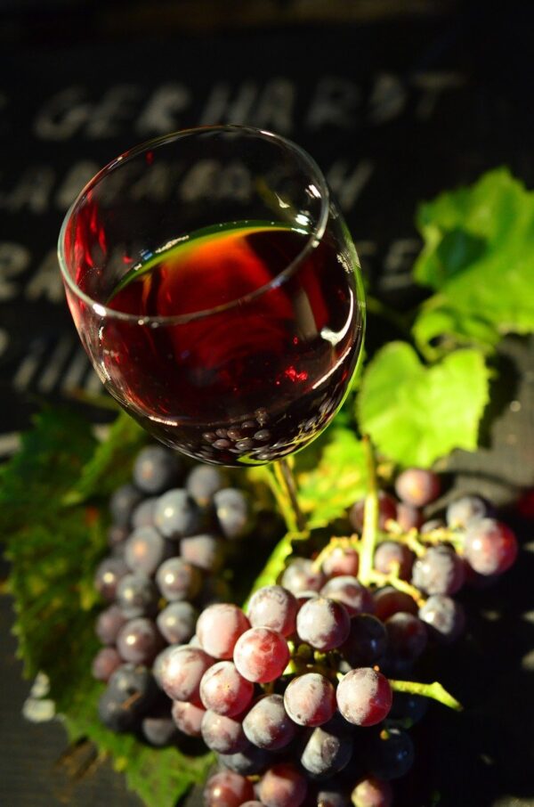 wine glass, grapes, red wine